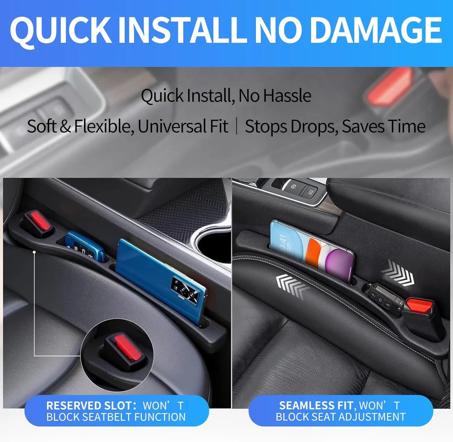 2-Pack Car Seat Gap Filler Organizer, No Drop Seat Guard for Cars & Suvs, Automotive Trays & Bags, Car Side Gap Filler, Drop Seat Gap Fillers between Seat and Console Stop Things from Dropping